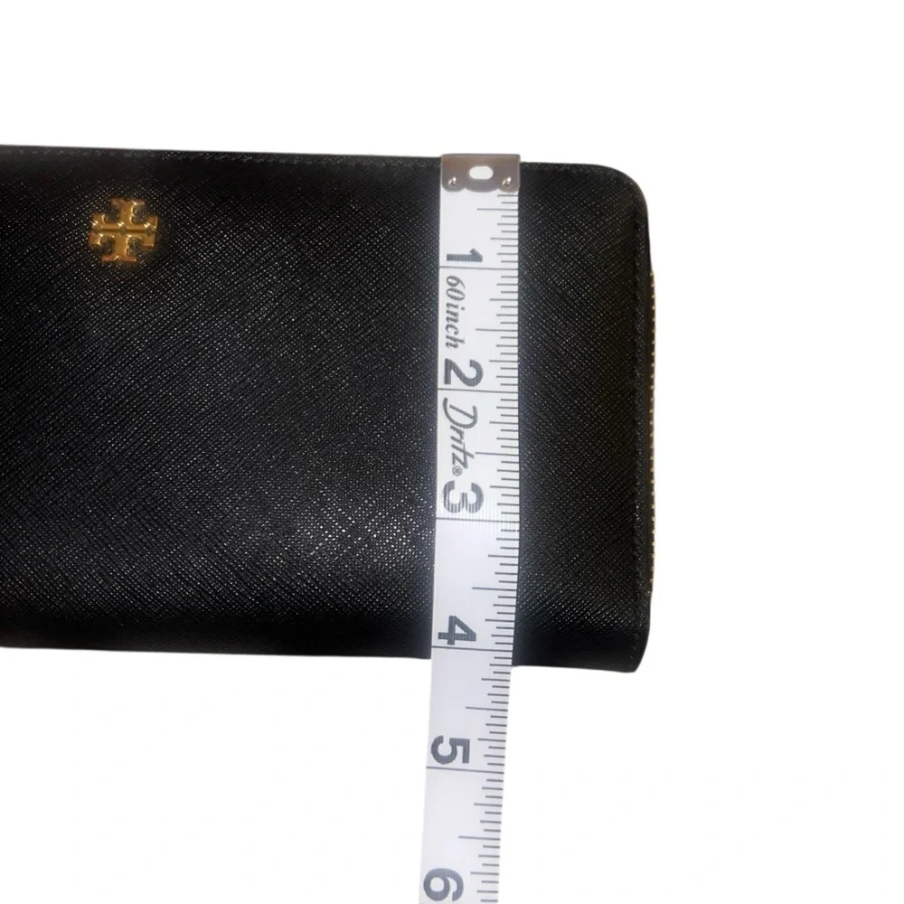 EUC Tory Burch Black Saffiano Leather Zip Around Long Wallet Gold Hardware